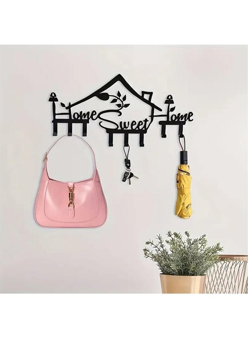 Home Sweet Home Sign Wall Hook,Black Metal Key Holder Wall Mount Organizer Rack with 8 Hooks Wall Decorative for Office Kitchen Bedroom Doorway Hallway (Black) - Image 3