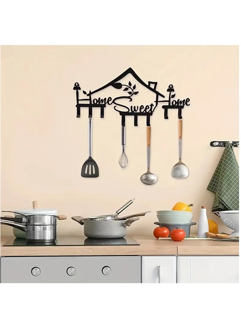 Home Sweet Home Sign Wall Hook,Black Metal Key Holder Wall Mount Organizer Rack with 8 Hooks Wall Decorative for Office Kitchen Bedroom Doorway Hallway (Black) - Image 2