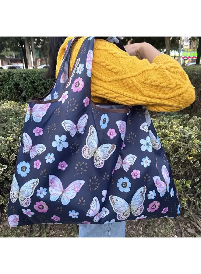 Foldable Butterfly Print Shopping Bag Black Large Capacity Easy Carry Handle - Image 2