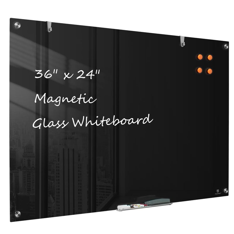 TSJ OFFICE Glass Dry-Erase Board - 36 x 24 Inches Wall Mounted Black Glass Magnetic Whiteboard, Frameless Large White Board for Office, Home & School - Image 1