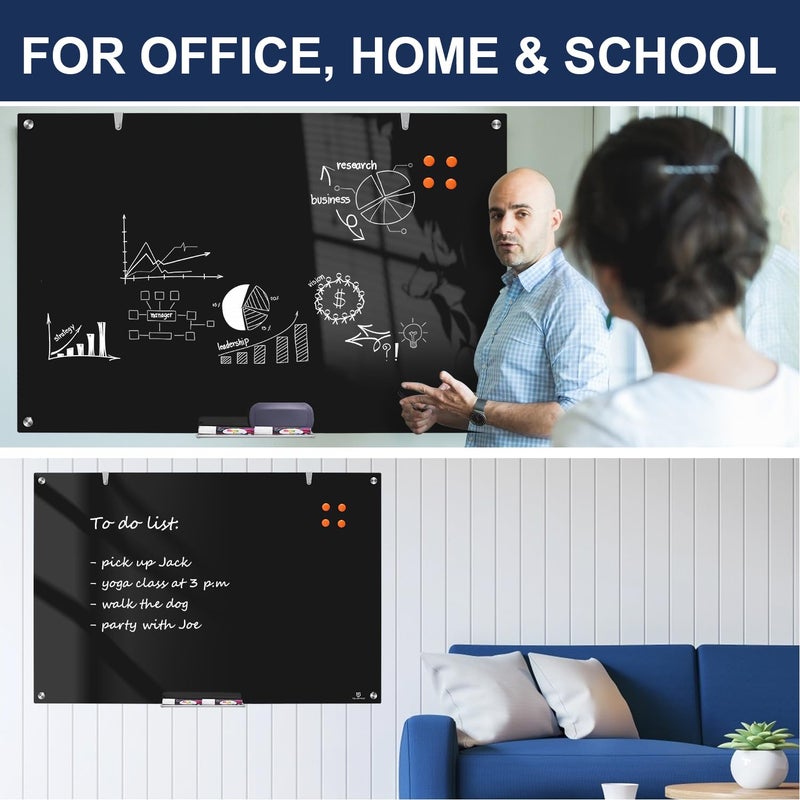 TSJ OFFICE Glass Dry-Erase Board - 36 x 24 Inches Wall Mounted Black Glass Magnetic Whiteboard, Frameless Large White Board for Office, Home & School - Image 3