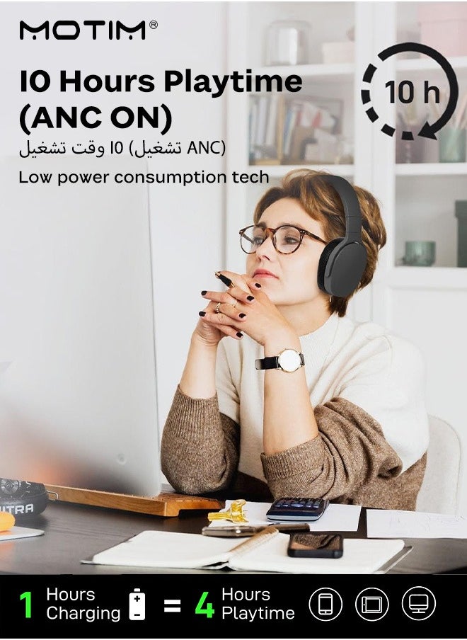 Motim Over-Ear Wireless Headphone, Active Noise Cancelling Bluetooth Gaming Headset, Foldable, Powerful Bass, HiFi Stereo, AUX Input, Black  - Image 4