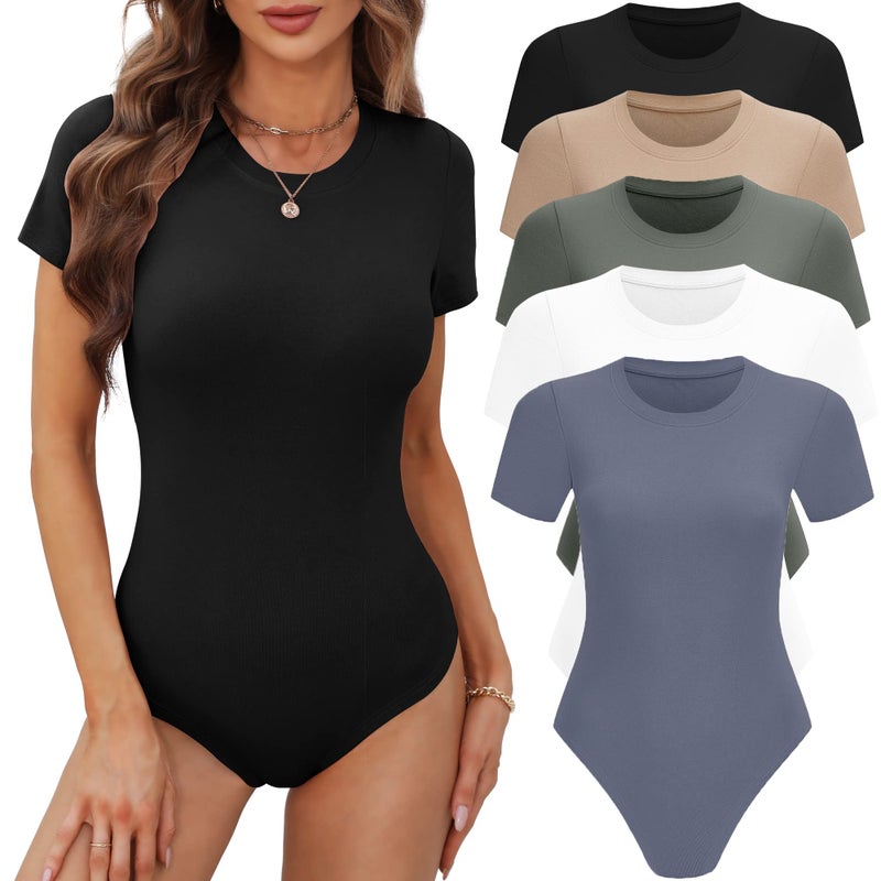 BALENNZ Women's 5 Pack Short Sleeve Round Neck Bodysuit Tops Crew Neck Basic Casual Tshirt Bodysuits Meduim - Image 1