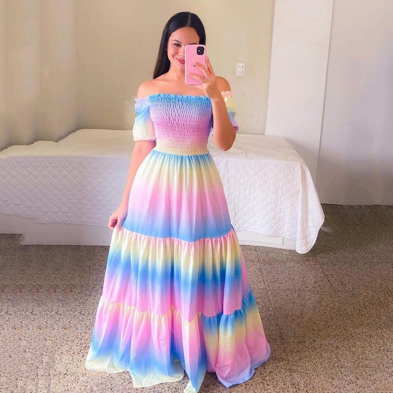 2023 Cross-border New Spring and Summer European and American Womens Dress Off-shoulder Floral Off-shoulder Long Printed Fairy Dress Colorful