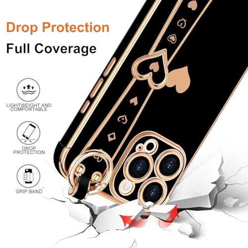 LLZ.COQUE Compatible with iPhone 16 Pro Max Case with Strap for Women Girls [2× Screen Protectors], Cute Love-Hearts, Wristband Kickstand Luxury Plating Edge Protective Phone Case (6.9") - Black - Image 4