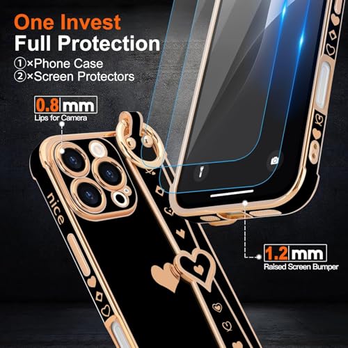 LLZ.COQUE Compatible with iPhone 16 Pro Max Case with Strap for Women Girls [2× Screen Protectors], Cute Love-Hearts, Wristband Kickstand Luxury Plating Edge Protective Phone Case (6.9") - Black - Image 5