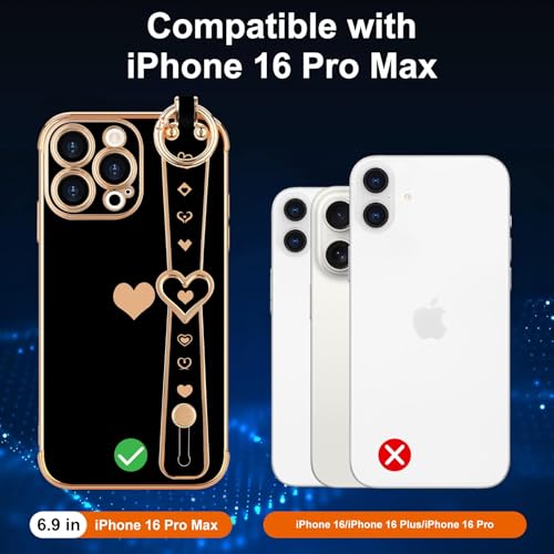 LLZ.COQUE Compatible with iPhone 16 Pro Max Case with Strap for Women Girls [2× Screen Protectors], Cute Love-Hearts, Wristband Kickstand Luxury Plating Edge Protective Phone Case (6.9") - Black - Image 3