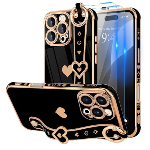 LLZ.COQUE Compatible with iPhone 16 Pro Max Case with Strap for Women Girls [2× Screen Protectors], Cute Love-Hearts, Wristband Kickstand Luxury Plating Edge Protective Phone Case (6.9") - Black - Image 1