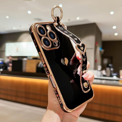 LLZ.COQUE Compatible with iPhone 16 Pro Max Case with Strap for Women Girls [2× Screen Protectors], Cute Love-Hearts, Wristband Kickstand Luxury Plating Edge Protective Phone Case (6.9") - Black - Image 2