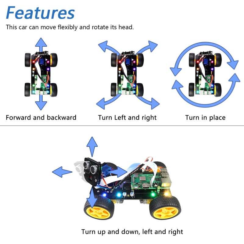 FREENOVE مجموعة سيارة ذكية 4WD من فري نوف لراسبيري باي 5 4 B 3 B+ B A+، تتبع الوجه، تتبع الخط، تتبع الضوء، تجنب العقبات، تحكم عبر التطبيق، كاميرا، سيرفو (راسبيري باي غير متضمن) - Image 3