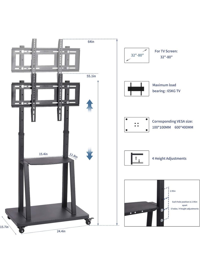 Mobile TV Cart Stand - Heavy Duty Rolling Mount for 32-80 Inch TVs - Adjustable Height & Sturdy Floor Stand - Image 2