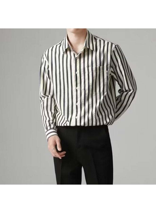 Summer New Casual Striped Shirt Men's Long-sleeved Thin Korean Style Popular Men's Korean Style Pocket Slim Shirt