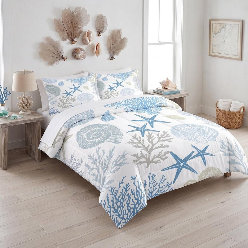 FUYEUN Coastal Bedding Set Queen: Nautical Comforter for Kids Teens Men Women, Sea Shell Starfish Marine Bedroom Decor 1 Comforter 2 Pillowcases - Image 2