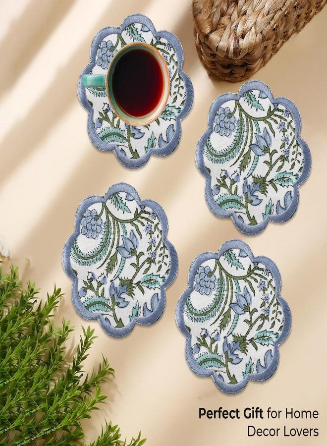 Ridhi Hand Block Print 8- pcs Canvas Cotton Drink Absorbent Stylish Embroidery Scallop Coaster Set Boho Modern Home Decor and Wooden Table Protection 5 inch Columbia Blue - Image 5