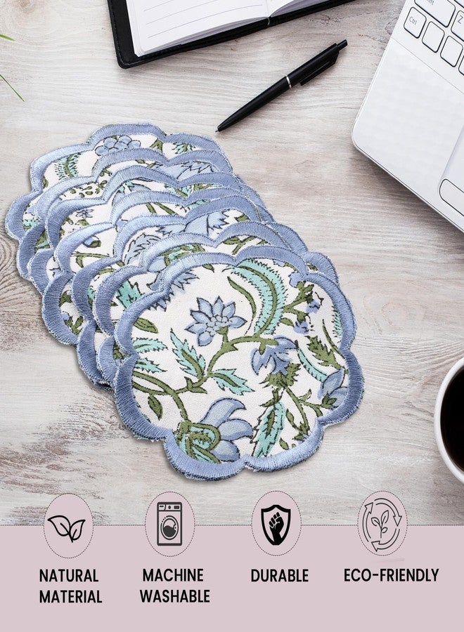 Ridhi Hand Block Print 8- pcs Canvas Cotton Drink Absorbent Stylish Embroidery Scallop Coaster Set Boho Modern Home Decor and Wooden Table Protection 5 inch Columbia Blue - Image 4