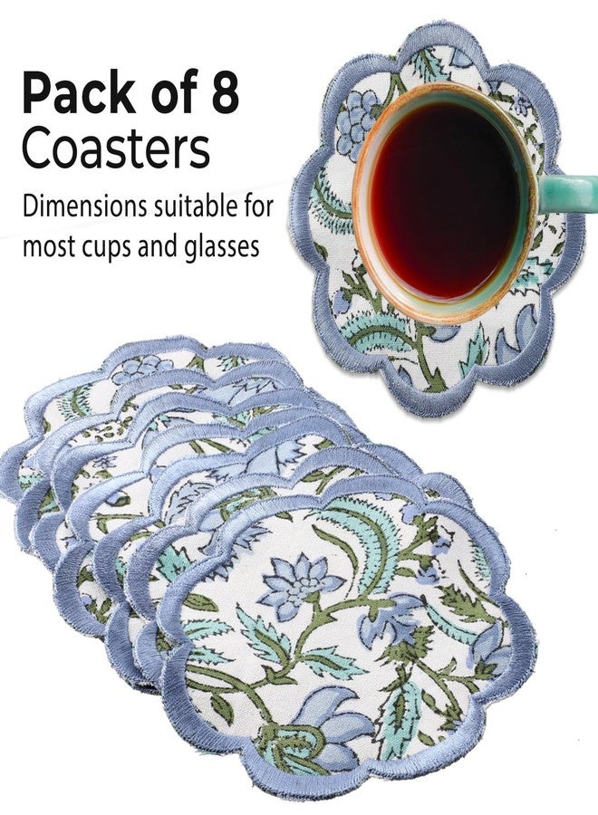 Ridhi Hand Block Print 8- pcs Canvas Cotton Drink Absorbent Stylish Embroidery Scallop Coaster Set Boho Modern Home Decor and Wooden Table Protection 5 inch Columbia Blue - Image 2