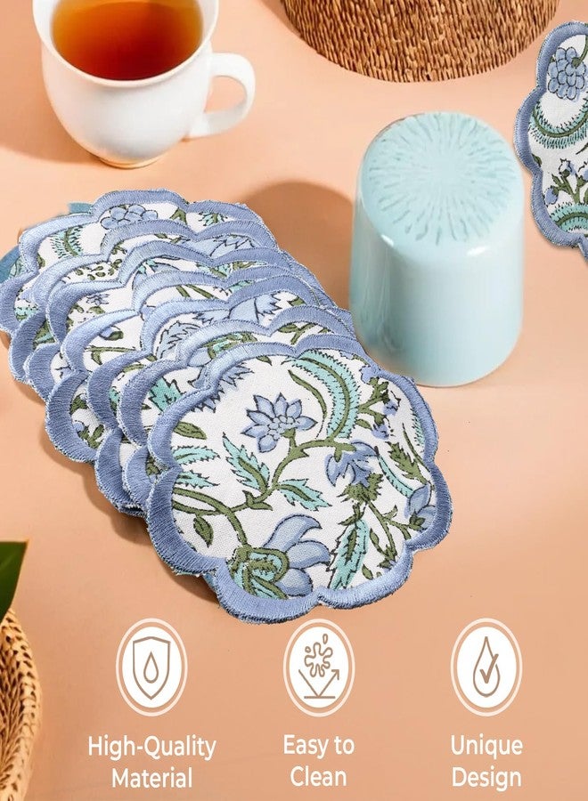 Ridhi Hand Block Print 8- pcs Canvas Cotton Drink Absorbent Stylish Embroidery Scallop Coaster Set Boho Modern Home Decor and Wooden Table Protection 5 inch Columbia Blue - Image 3
