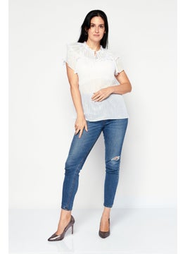 INC Women Tie Neck Short Sleeve Stripe Top, White  - Image 4
