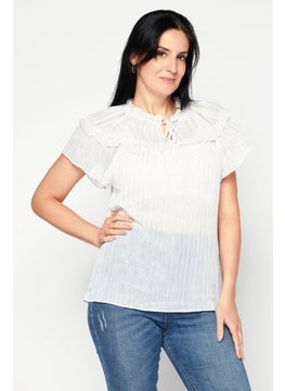 INC Women Tie Neck Short Sleeve Stripe Top, White  - Image 1