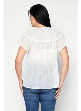 INC Women Tie Neck Short Sleeve Stripe Top, White  - Image 3