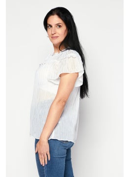 INC Women Tie Neck Short Sleeve Stripe Top, White  - Image 2