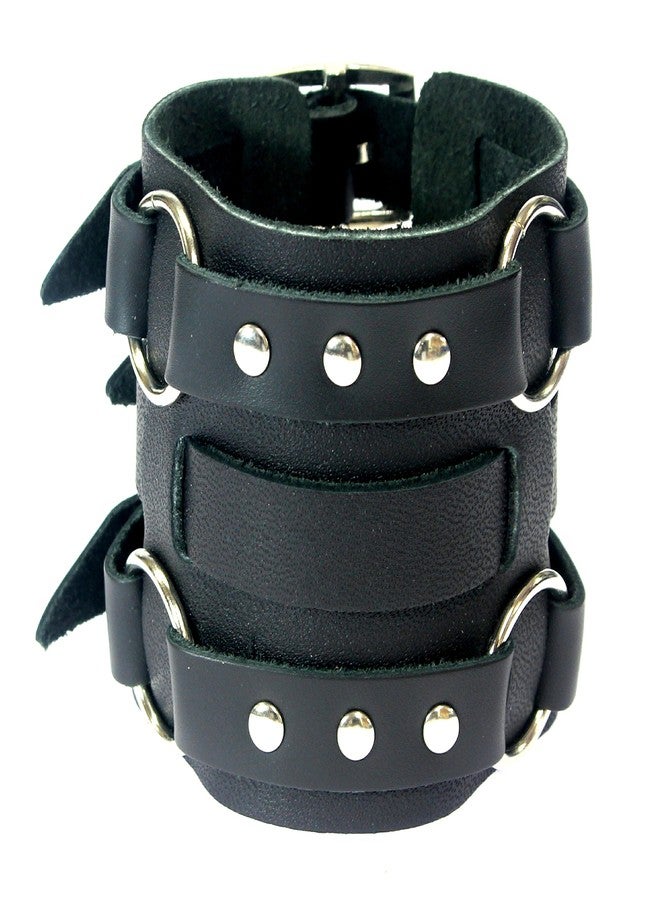 Neptune Giftware Wide Triple Strap Leather Cuff Wrap Gothic Wristband Bracelet With Buckle Fastening - BLACK LEATHER - Image 1