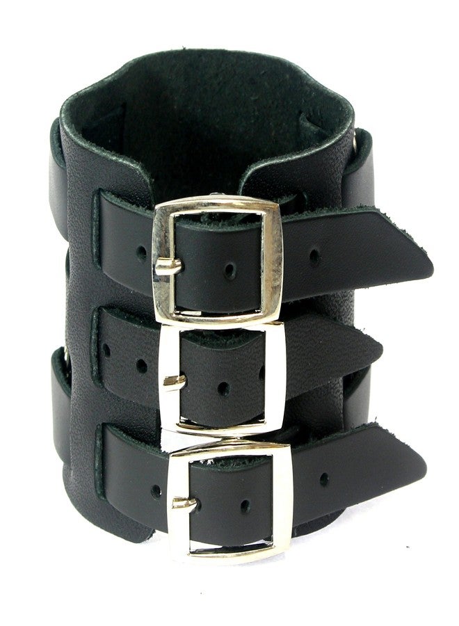 Neptune Giftware Wide Triple Strap Leather Cuff Wrap Gothic Wristband Bracelet With Buckle Fastening - BLACK LEATHER - Image 3