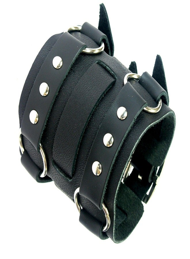 Neptune Giftware Wide Triple Strap Leather Cuff Wrap Gothic Wristband Bracelet With Buckle Fastening - BLACK LEATHER - Image 2