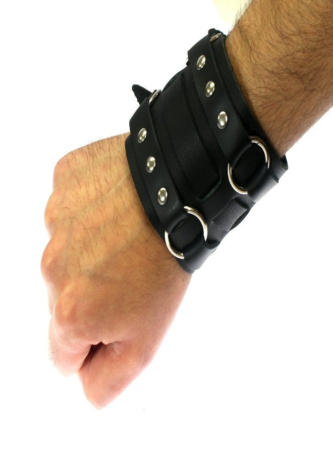 Neptune Giftware Wide Triple Strap Leather Cuff Wrap Gothic Wristband Bracelet With Buckle Fastening - BLACK LEATHER - Image 5