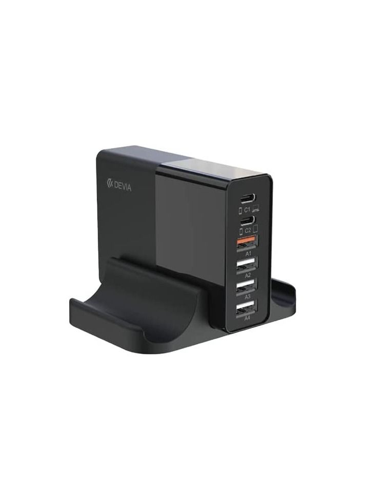 ديفيا شاحن من ماركة devia, تصميم متعدد المنافذ C-USBعدد 2 بقدرة 65 واط USB 0.QC3 عدد 2 Ag- USB U عدد 2 بقوة 1 امبير, مناسب لشحن اجهزة اللابتوب والماك بوك. - Image 1