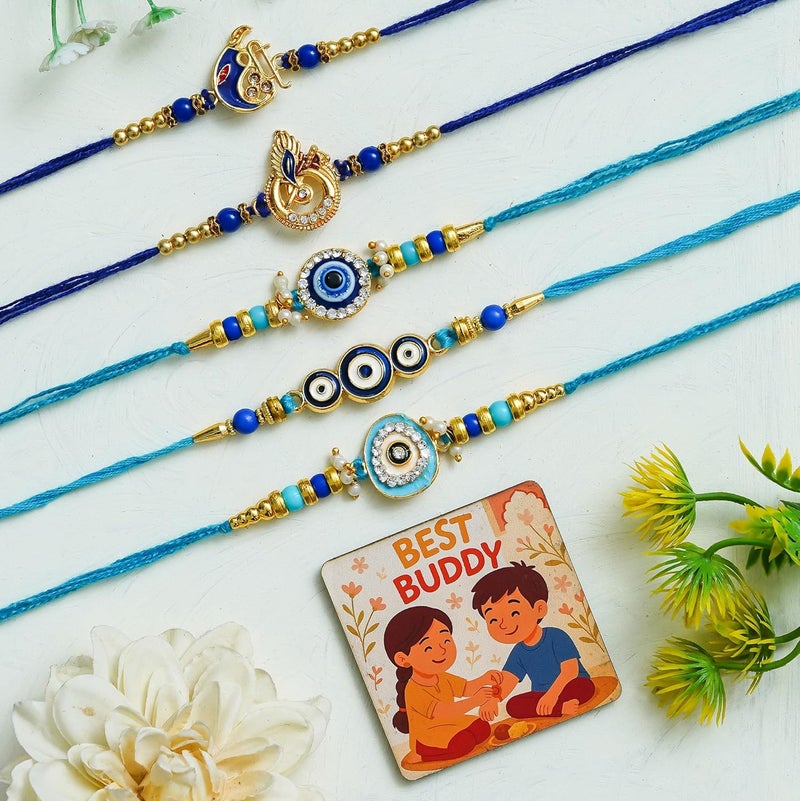 Perpetual Set Of 5 Rakhi For Brothers, Bhabhi, Kids And Adults Handcrafted Designe Rakhi For Bhai With Fridge Magnet Best Gift Hamper -51A - Image 1