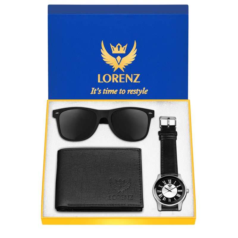 LORENZ Gift Combo Set of Black Analog Watch, Black Sunglasses & PU Wallet for Men - Image 4