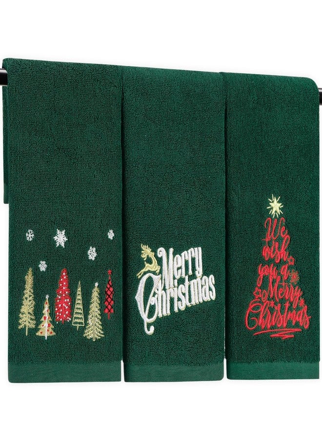Quera 3 Pack Christmas Hand Towels 100% Cotton Embroidered Green Bathroom Decor Decorative Kitchen Towels Set for Drying, Cleaning, Cooking, Holiday Towels Gift Set - Image 1