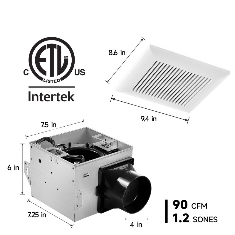 Tech Drive Bathroom Exhaust Fan 90 CFM, 1.2 Sone, 4-Inch Duct,No Attic Access Needed,Very Quiet Ventilation Fan, Easy to Install Ceiling Mounted, White, ETL Certified - Image 2
