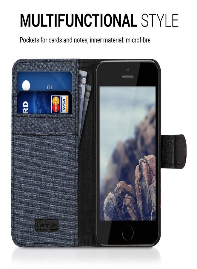 kwmobile Wallet Case - Compatible with iPhone SE (2016) / 5 / 5S - Flip Cover, Fabric & Faux Leather - Dark Blue/Black - Image 4
