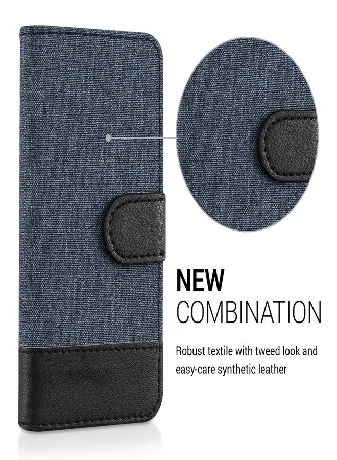 kwmobile Wallet Case - Compatible with iPhone SE (2016) / 5 / 5S - Flip Cover, Fabric & Faux Leather - Dark Blue/Black - Image 2