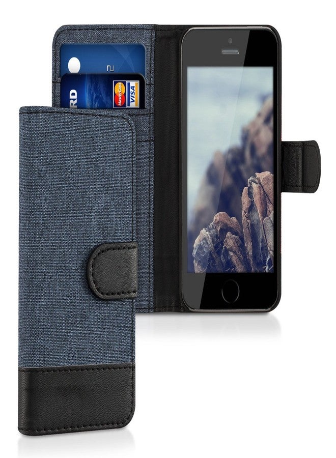 kwmobile Wallet Case - Compatible with iPhone SE (2016) / 5 / 5S - Flip Cover, Fabric & Faux Leather - Dark Blue/Black - Image 1