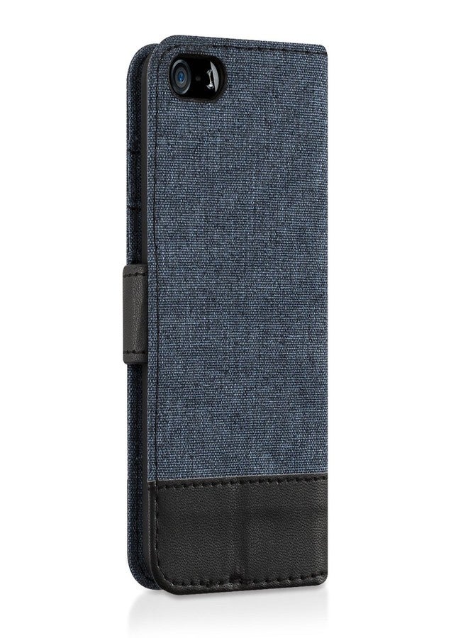 kwmobile Wallet Case - Compatible with iPhone SE (2016) / 5 / 5S - Flip Cover, Fabric & Faux Leather - Dark Blue/Black - Image 3