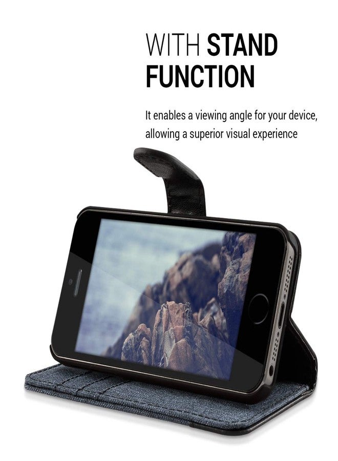 kwmobile Wallet Case - Compatible with iPhone SE (2016) / 5 / 5S - Flip Cover, Fabric & Faux Leather - Dark Blue/Black - Image 5