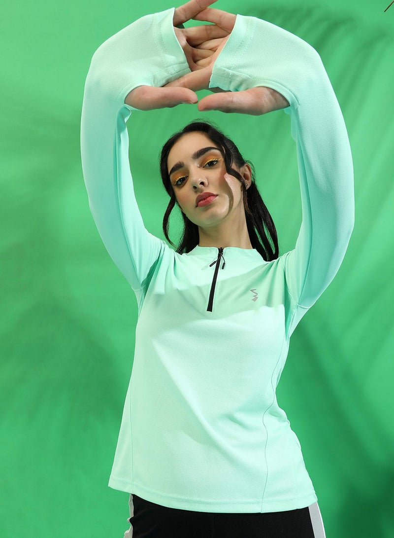 Campus Sutra Women's Solid Mint Green Dri-Fit Long Sleeve Regular Fit Activewear T-Shirt For Casual Wear | Modern Clothing T-Shirt Crafted With Comfort Fit And High-Performance For Everyday Wear - Image 1