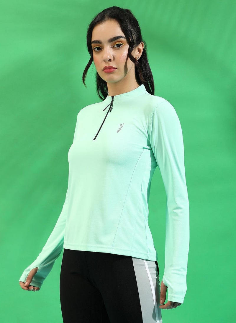 Campus Sutra Women's Solid Mint Green Dri-Fit Long Sleeve Regular Fit Activewear T-Shirt For Casual Wear | Modern Clothing T-Shirt Crafted With Comfort Fit And High-Performance For Everyday Wear - Image 2