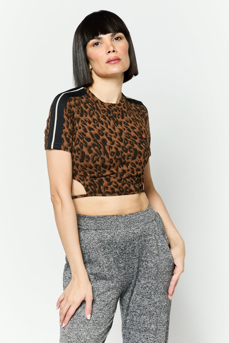 Ellesse بلوزة نسائية بأكمام قصيرة وطوق دائري بنقشة حيوانات، بني - Image 1