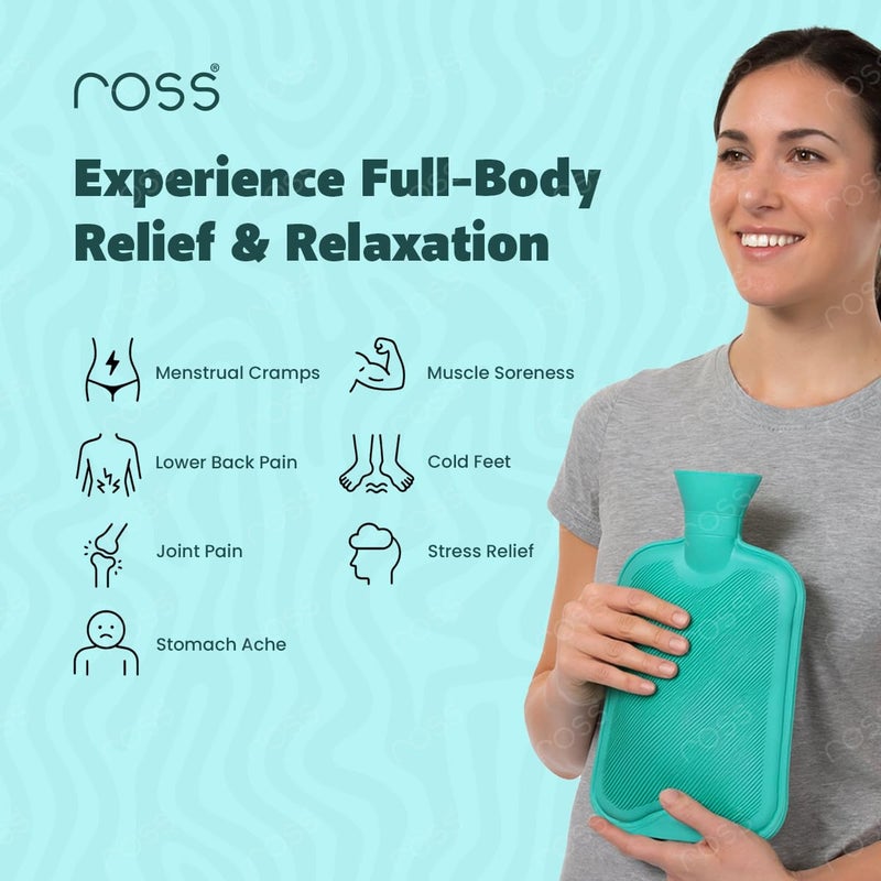ROSS Hot Water Bottle for Pain Relief – 2 Litre Leak-Proof Rubber Warm Bag for Back, Neck, Muscle Aches, Menstrual Cramps & Joint Stiffness – Durable & Safe Heat Therapy Bottle with Textured Surface- Multicolor - Image 3