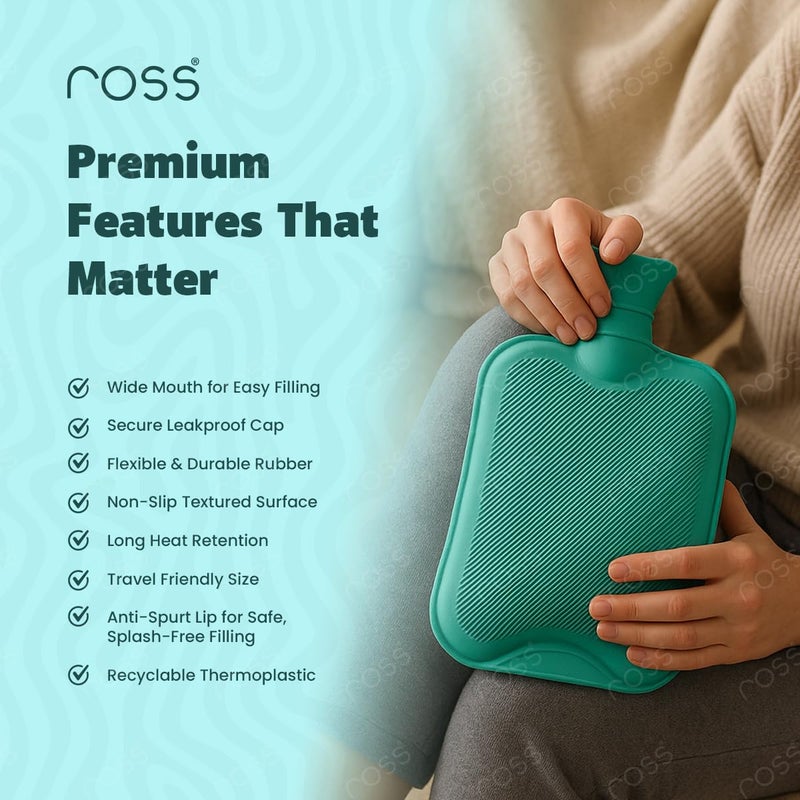 ROSS Hot Water Bottle for Pain Relief – 2 Litre Leak-Proof Rubber Warm Bag for Back, Neck, Muscle Aches, Menstrual Cramps & Joint Stiffness – Durable & Safe Heat Therapy Bottle with Textured Surface- Multicolor - Image 4