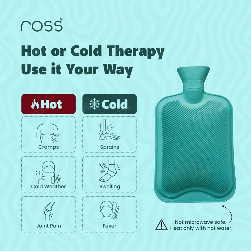 ROSS Hot Water Bottle for Pain Relief – 2 Litre Leak-Proof Rubber Warm Bag for Back, Neck, Muscle Aches, Menstrual Cramps & Joint Stiffness – Durable & Safe Heat Therapy Bottle with Textured Surface- Multicolor - Image 5