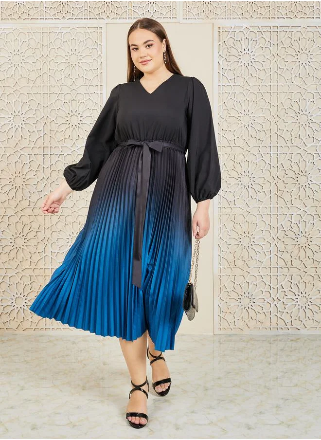 ستايلي Colorblock Plisse Self Tie Up A-Line Midi Dress