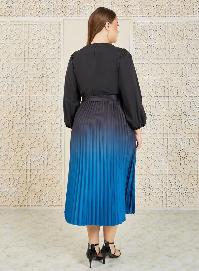 ستايلي Colorblock Plisse Self Tie Up A-Line Midi Dress