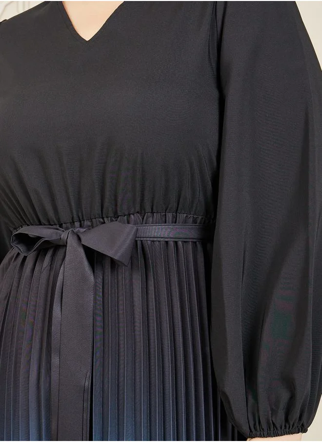 ستايلي Colorblock Plisse Self Tie Up A-Line Midi Dress
