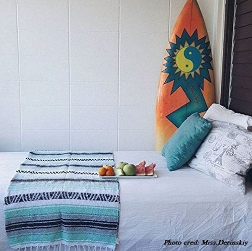 Del Mex Classic Mexican Blanket, Large Authentic Woven Falsa Throw (70"x50"), Artisan Southwest Décor for Beach, Yoga, Outdoors (Mint/Gray) - Image 2