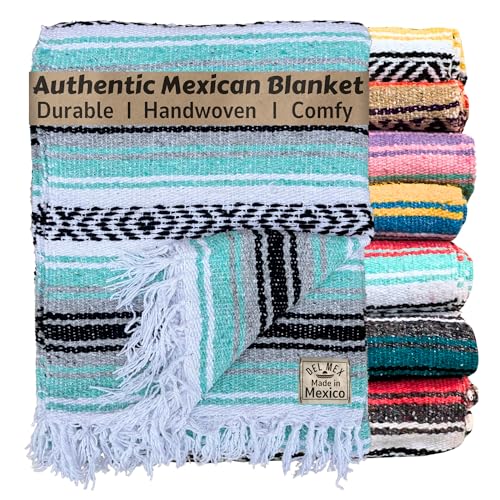 Del Mex Classic Mexican Blanket, Large Authentic Woven Falsa Throw (70"x50"), Artisan Southwest Décor for Beach, Yoga, Outdoors (Mint/Gray) - Image 1